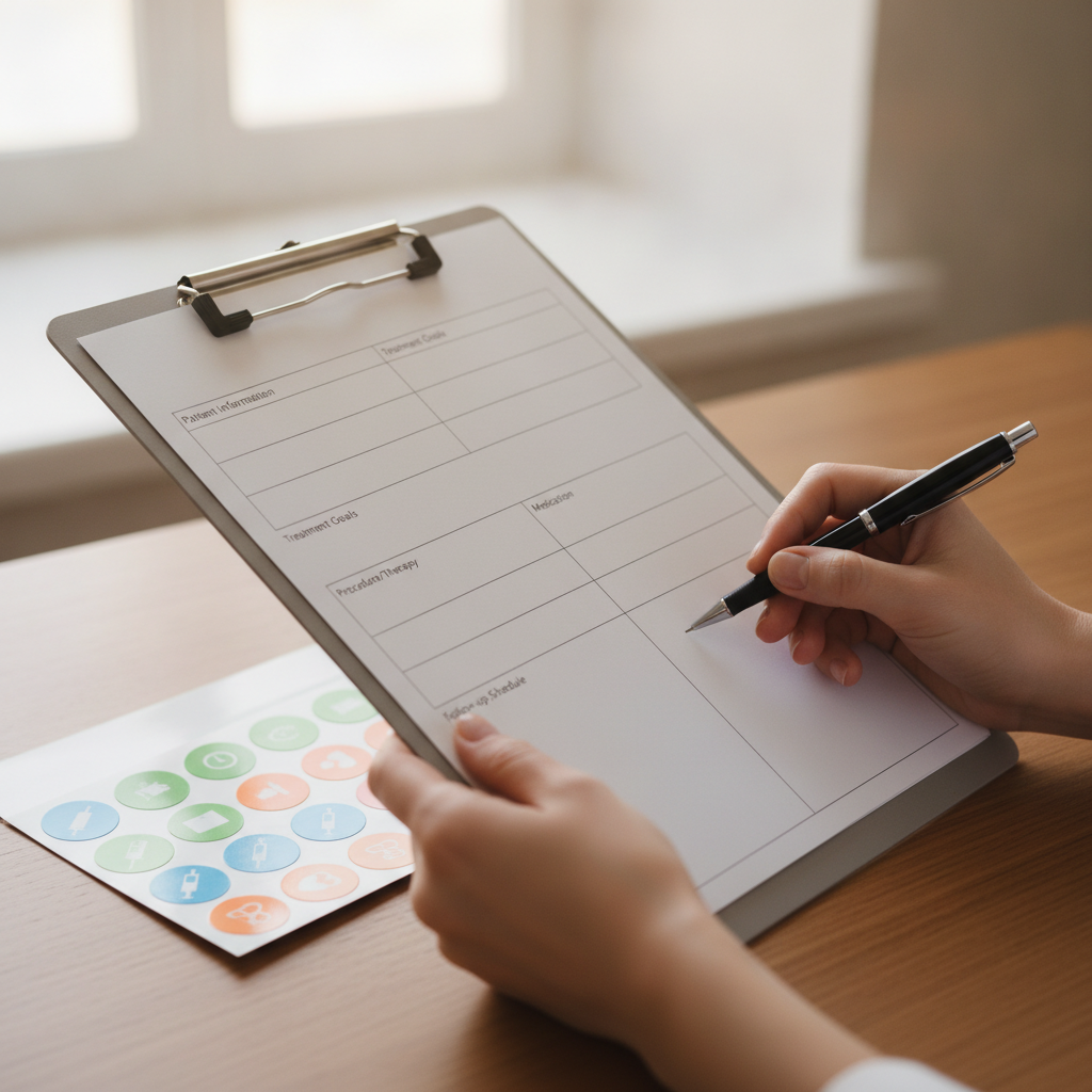 Close-up of a personalized mental health plan checklist being prepared for addiction treatment in Ontario