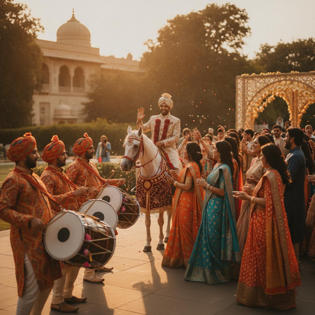 Baraat led by dhol players entering an Oakville wedding reception with energetic crowd movement