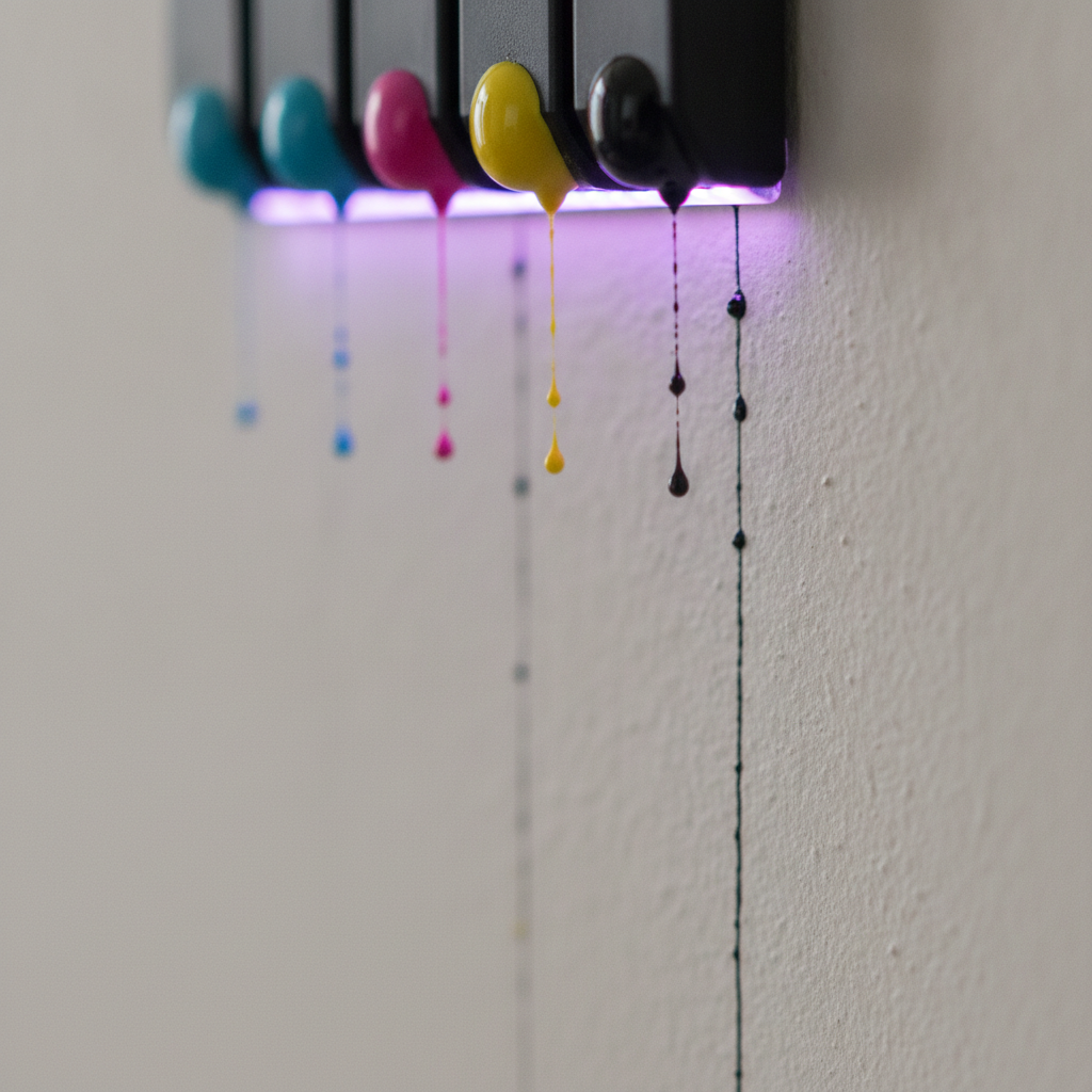 UV wall printing close-up: CMYK ink curing directly on a painted wall for durable wall graphics in Mississauga