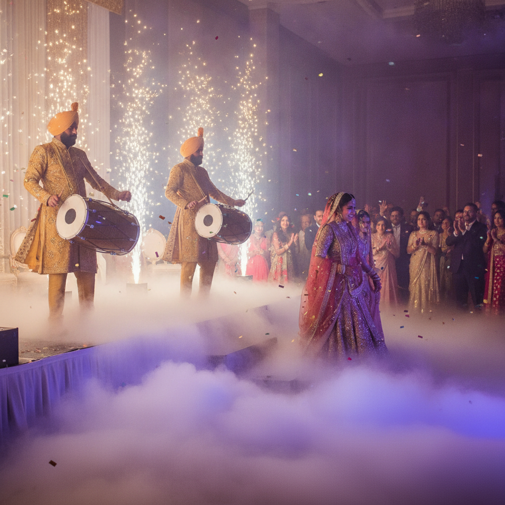 Grand entrance with live dhol, safe cold spark fountains, and low-lying dry ice fog coordinated for a South Asian wedding reception