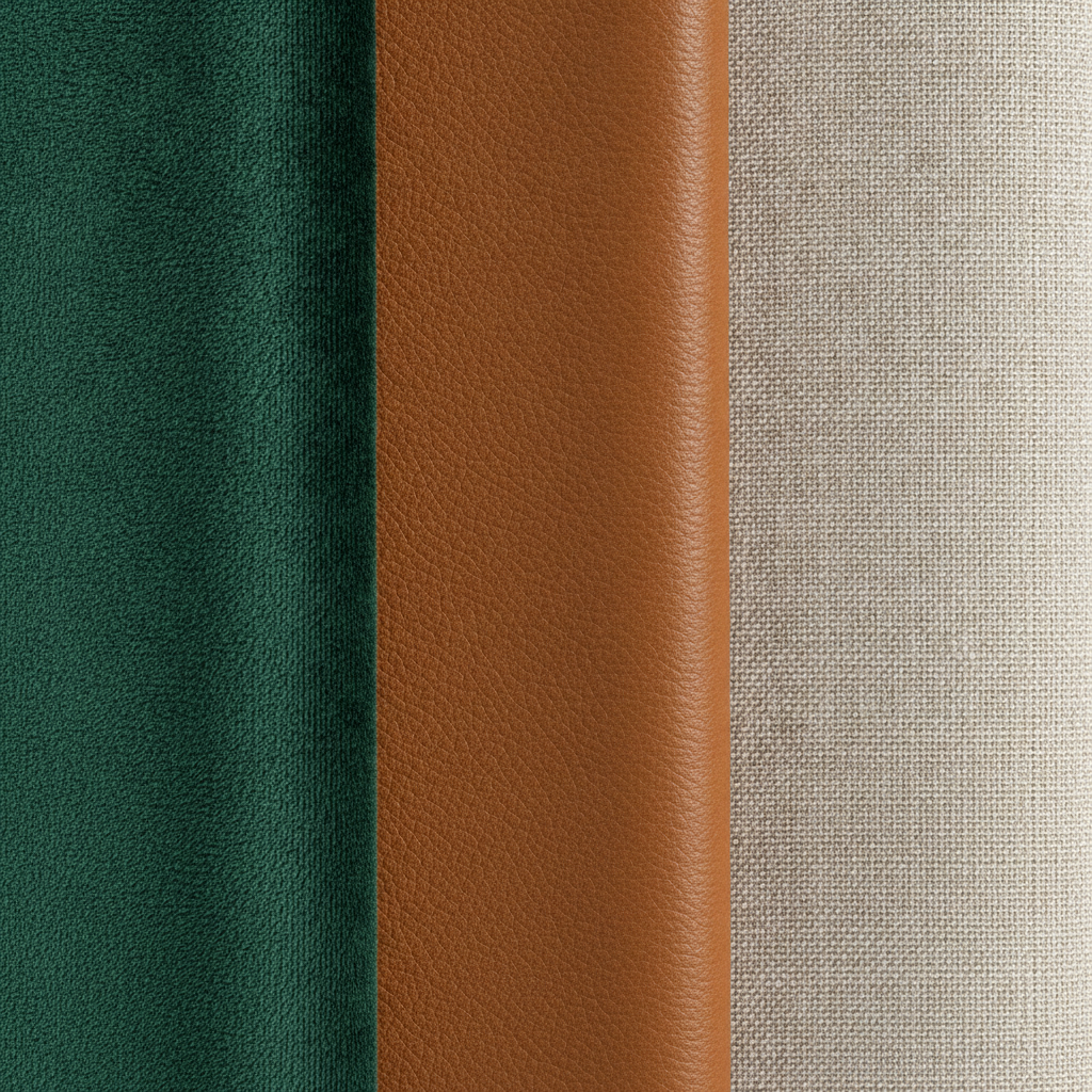 Close-up texture detail of velvet, PU leather, and linen upholstery swatches showcasing luxury furniture materials