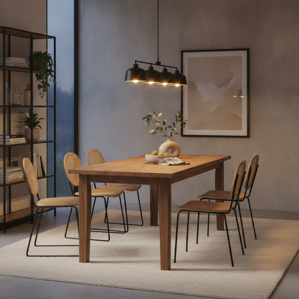 Contemporary dining area mixing luxury furniture materials: cane-back, wire metal chairs, and a solid wood table