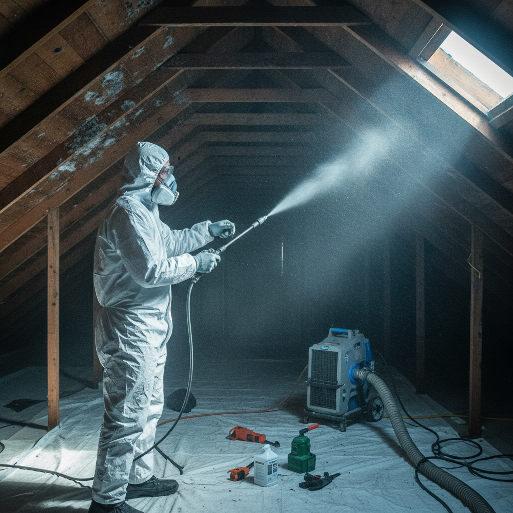 Technician treating attic rafters in Scarborough with professional sprayer and HEPA containment for mold remediation