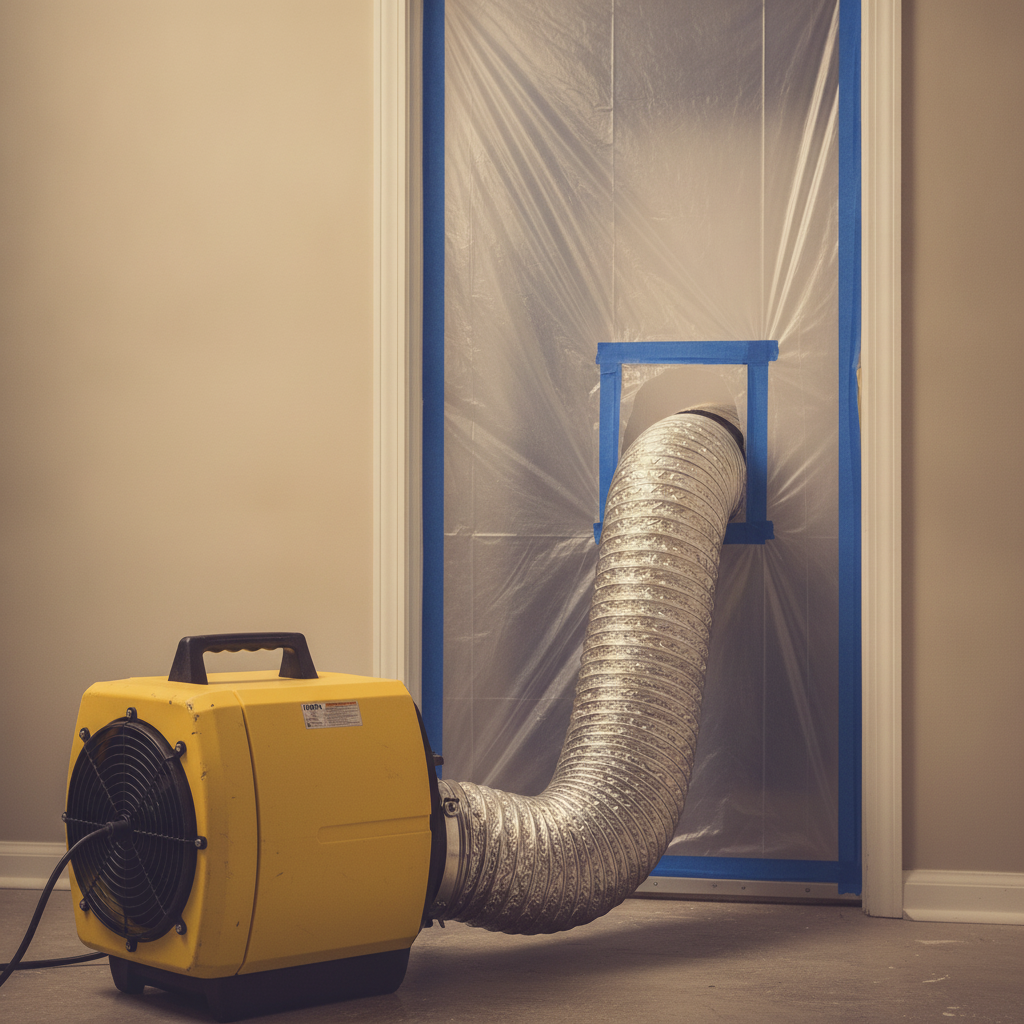 HEPA air scrubber and plastic containment doorway used to remove mold from home safely in Ontario
