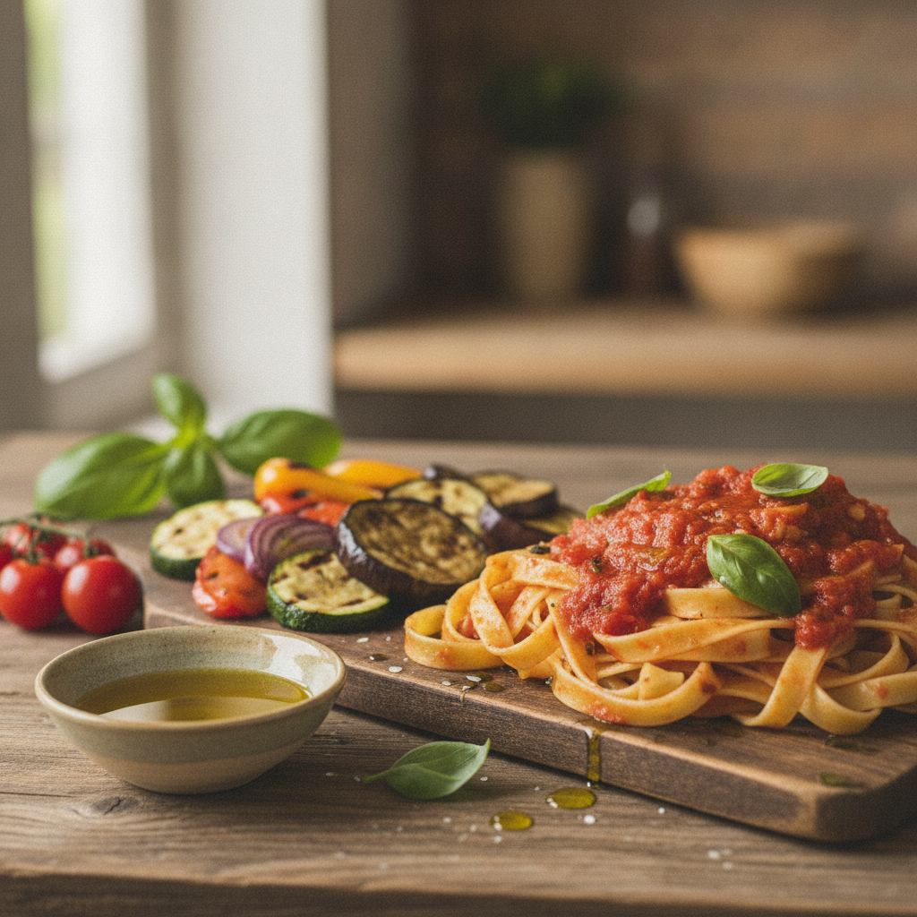 Vegetarian-friendly Italian pasta and grilled vegetables organized for guided trips to Italy
