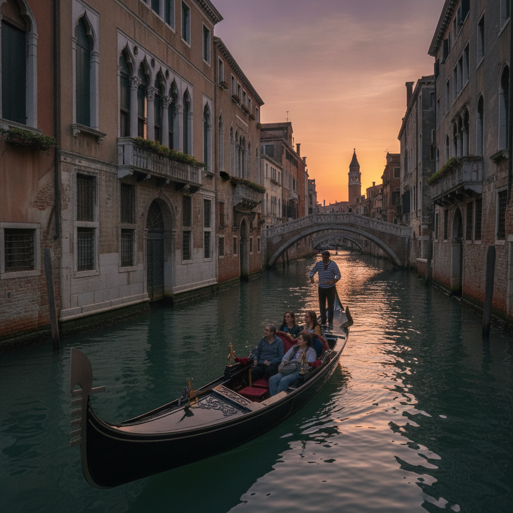 Gondola ride in Venice at sunset during a guided Italy tour