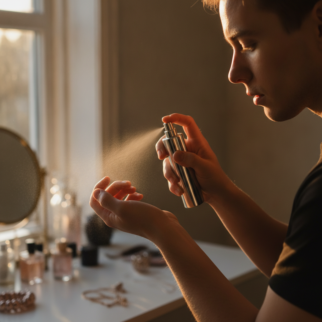 Applying a unisex perfume to the wrist—testing projection and comfort before choosing a signature