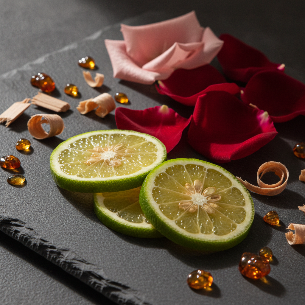 Close-up of bergamot, rose, sandalwood, and amber—core building blocks behind Christian Dior unisex fragrances and Auremie alternatives