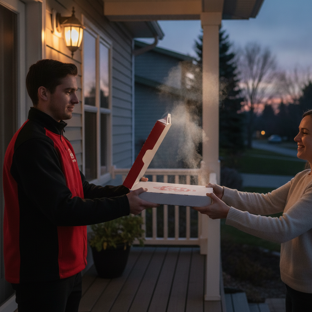 Pizza delivery handoff at a Kemptville doorstep at dusk with steam lifting from a fresh box and warm porch lights