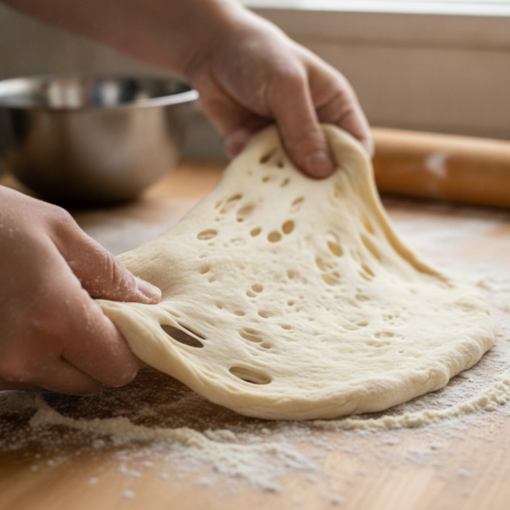 Gluten‑free pizza dough being hand‑stretched with visible bubbles and flour on a prep bench in a professional kitchen