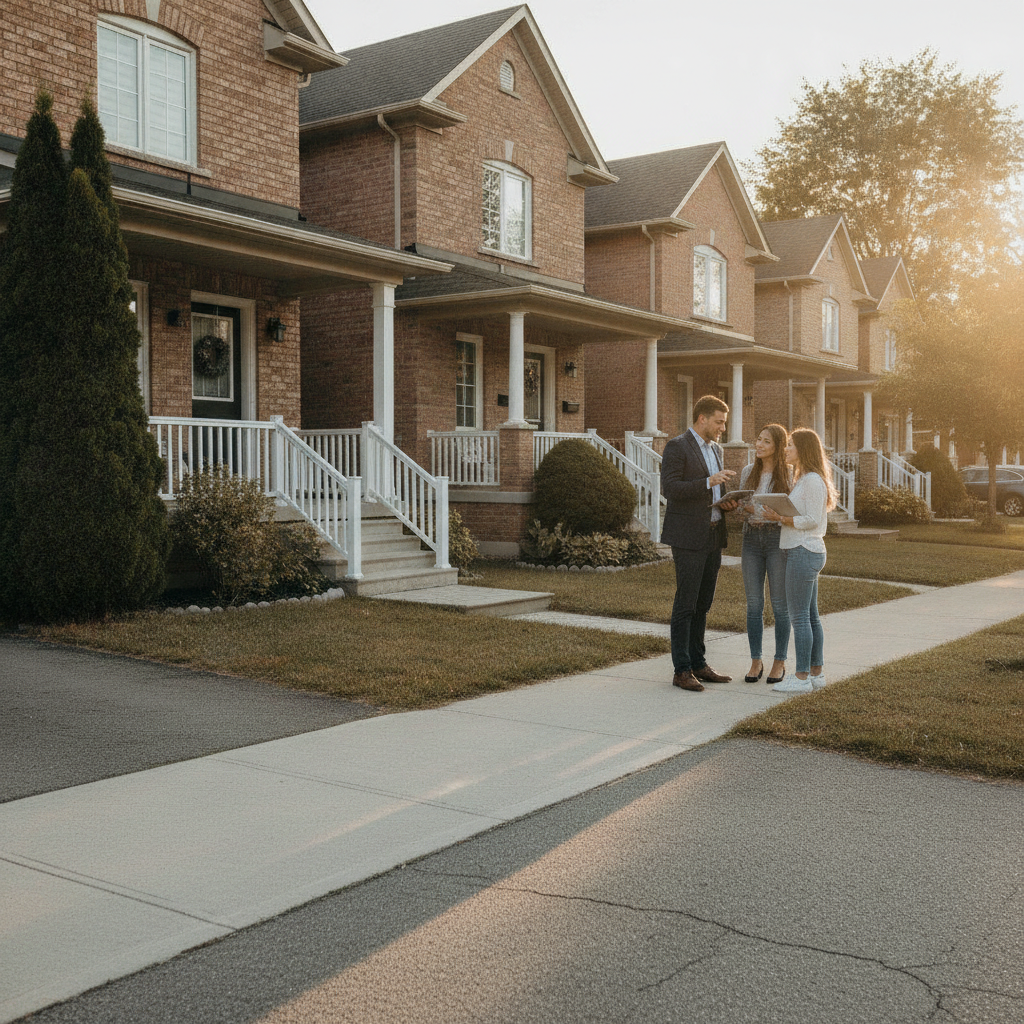 Brampton street tour at golden hour with agent and buyers checking front door orientation for Vastu alignment