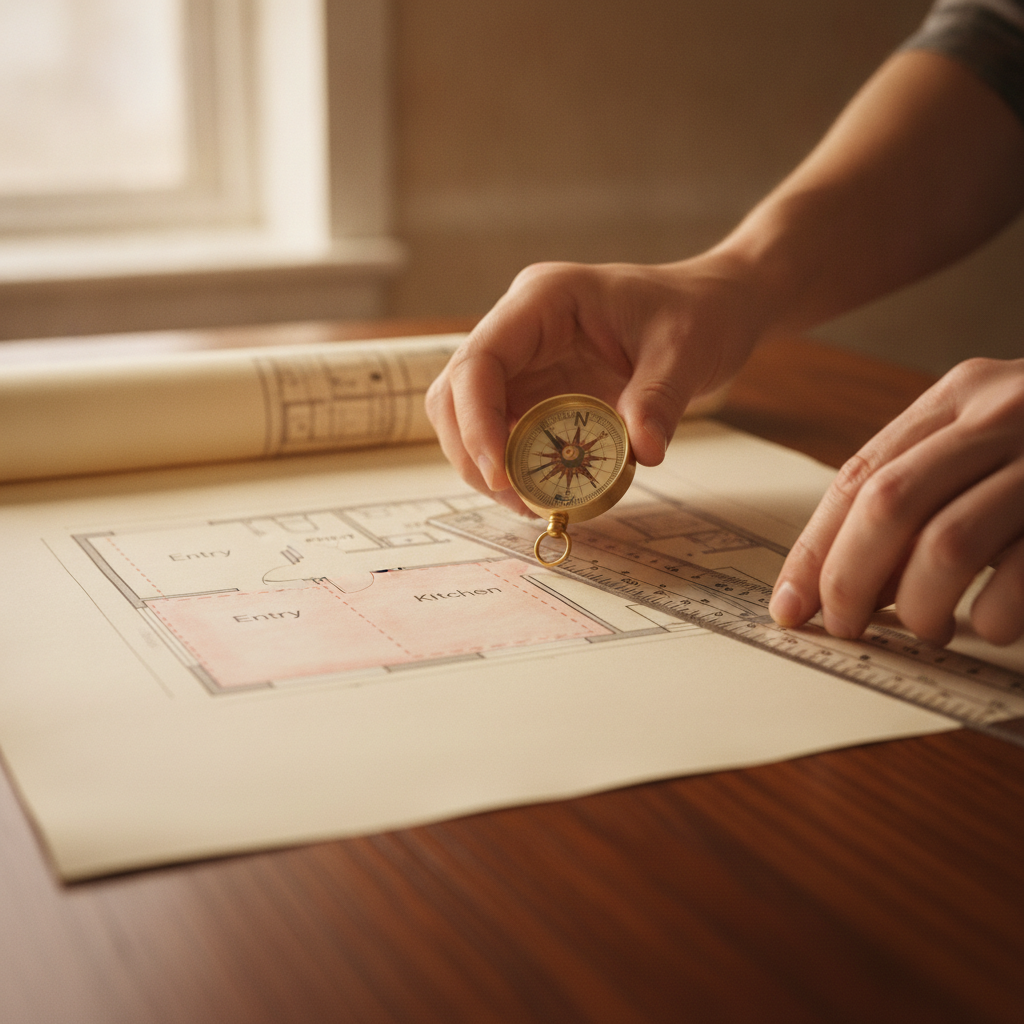 Close-up Vastu home layout review in Brampton with compass on floor plan highlighting entrance, kitchen, and bedroom zones