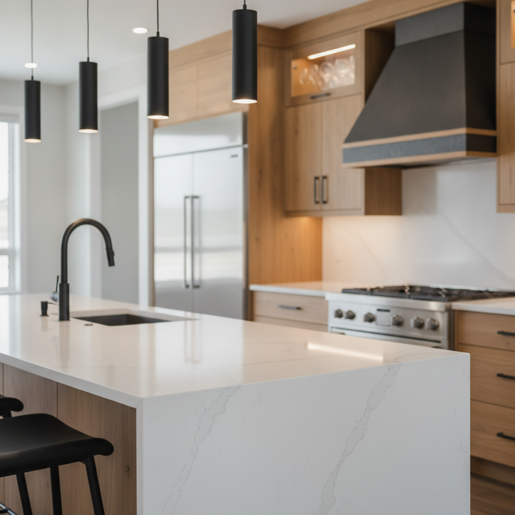 Luxury Edmonton kitchen with quartz waterfall island, matte black fixtures, and premium appliances in a Windermere home