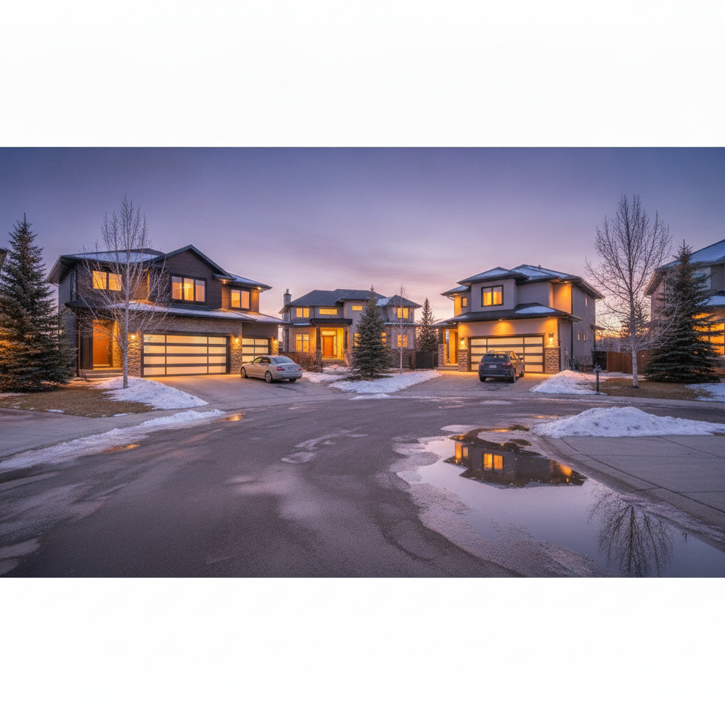 Evening cul‑de‑sac in an upscale Edmonton neighbourhood with modern luxury homes and warm exterior lights