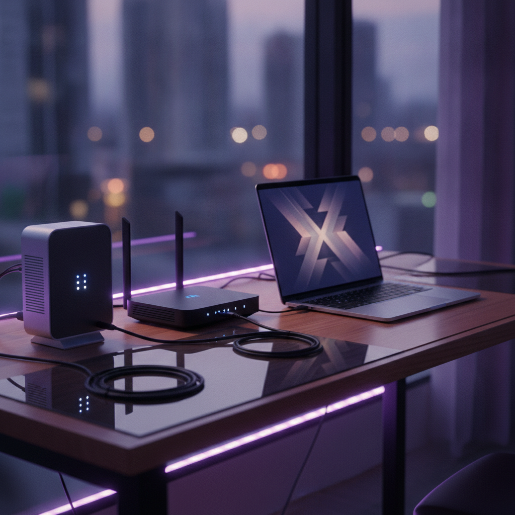 Side-angle workflow scene with cloud device, router, and laptop symbolizing a continuous automated SEO pipeline for small SaaS