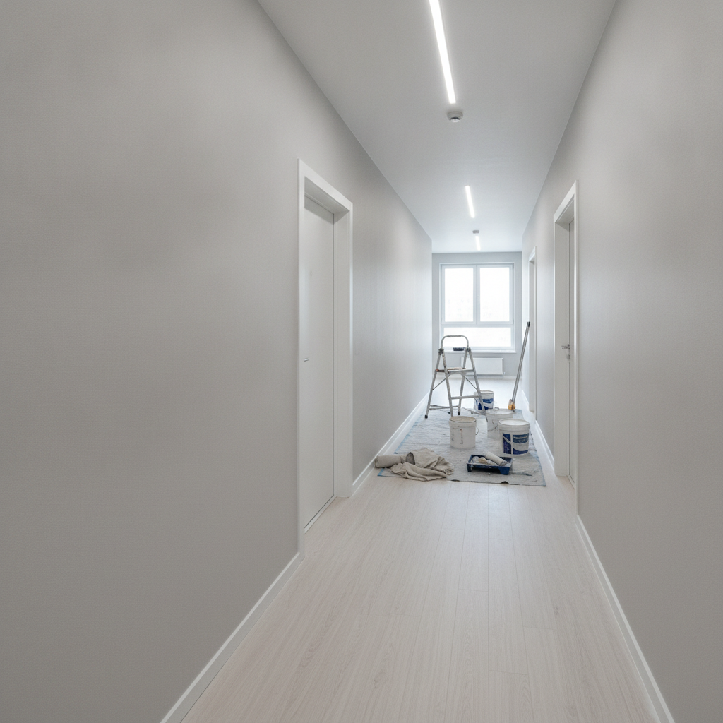 Move-in-ready apartment hallway in a multi-unit building after a full repaint; even color, crisp cut lines, and protected floors