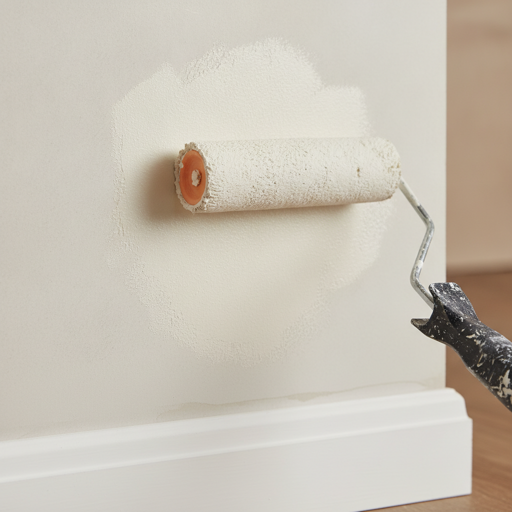 Close-up touch-up on a rental wall showing flashing and sheen mismatch—classic sign to choose a full repaint