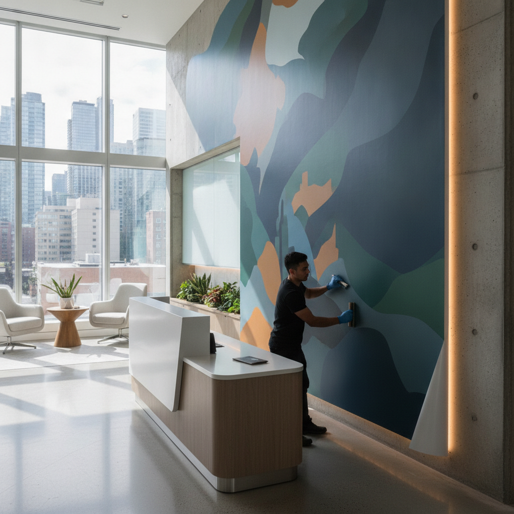 Toronto office reception with a branded wall mural printed directly on the wall using UV technology