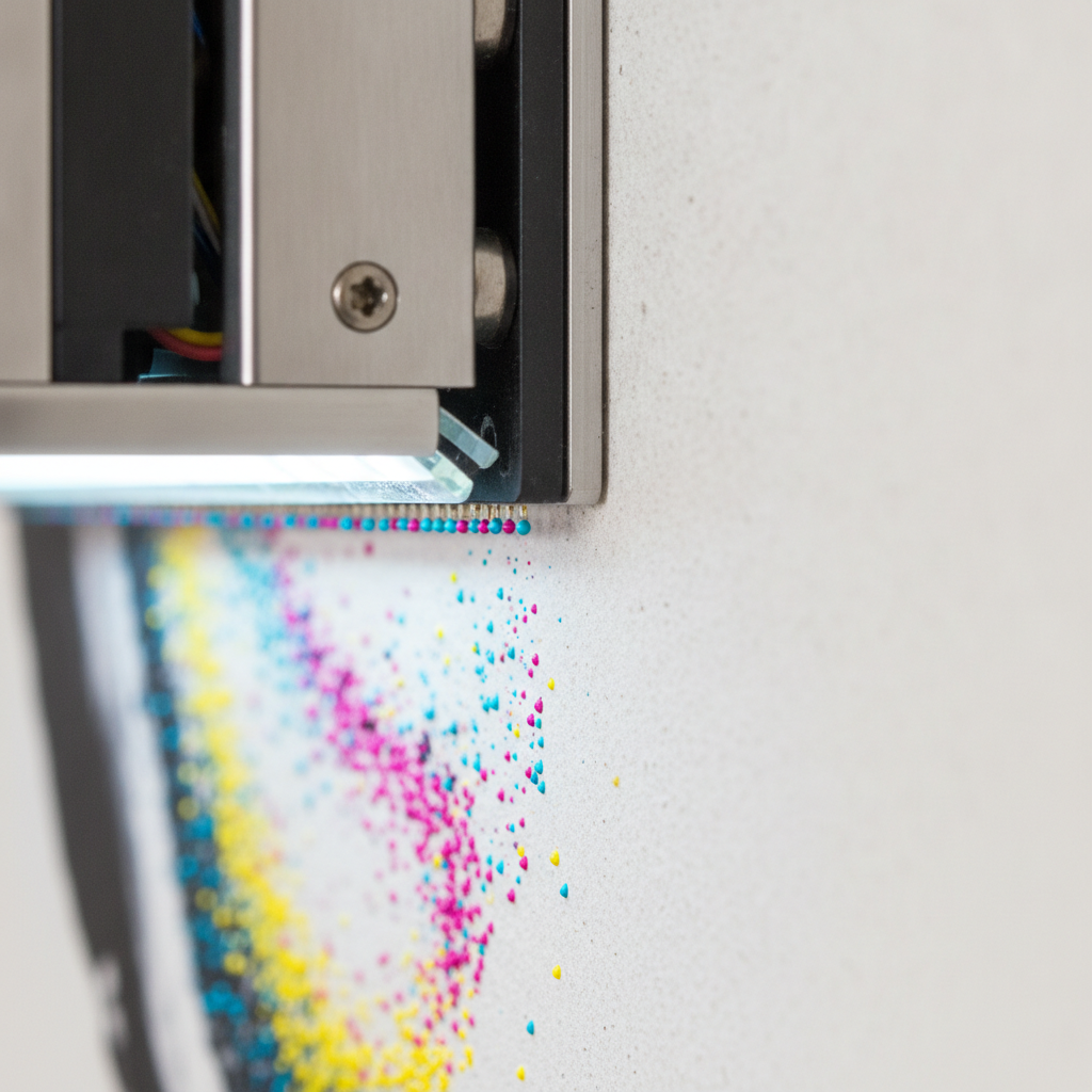 Close-up of UV direct-to-wall printer head creating a high-resolution Toronto wall mural on painted drywall