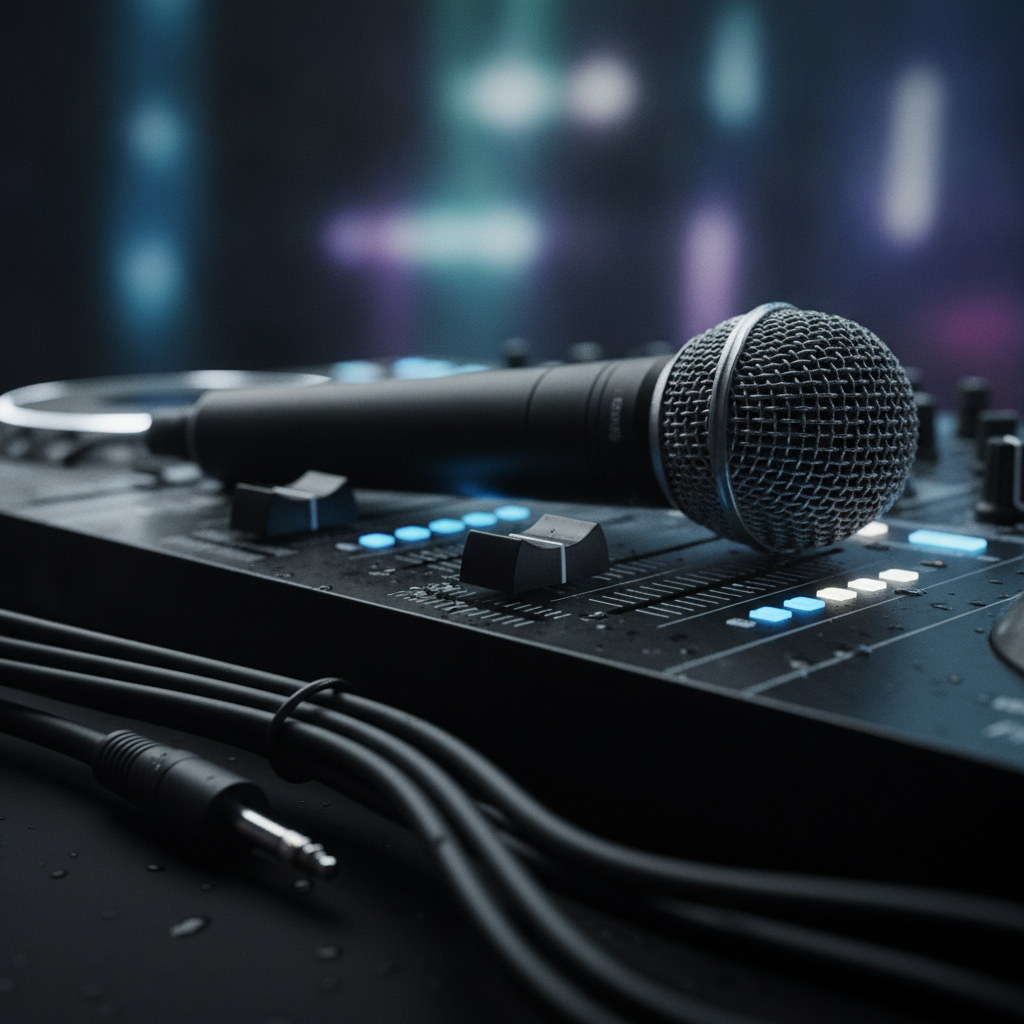 Close-up of a wireless microphone and DJ mixer fader with neat cable runs for an Oakville birthday party DJ checklist