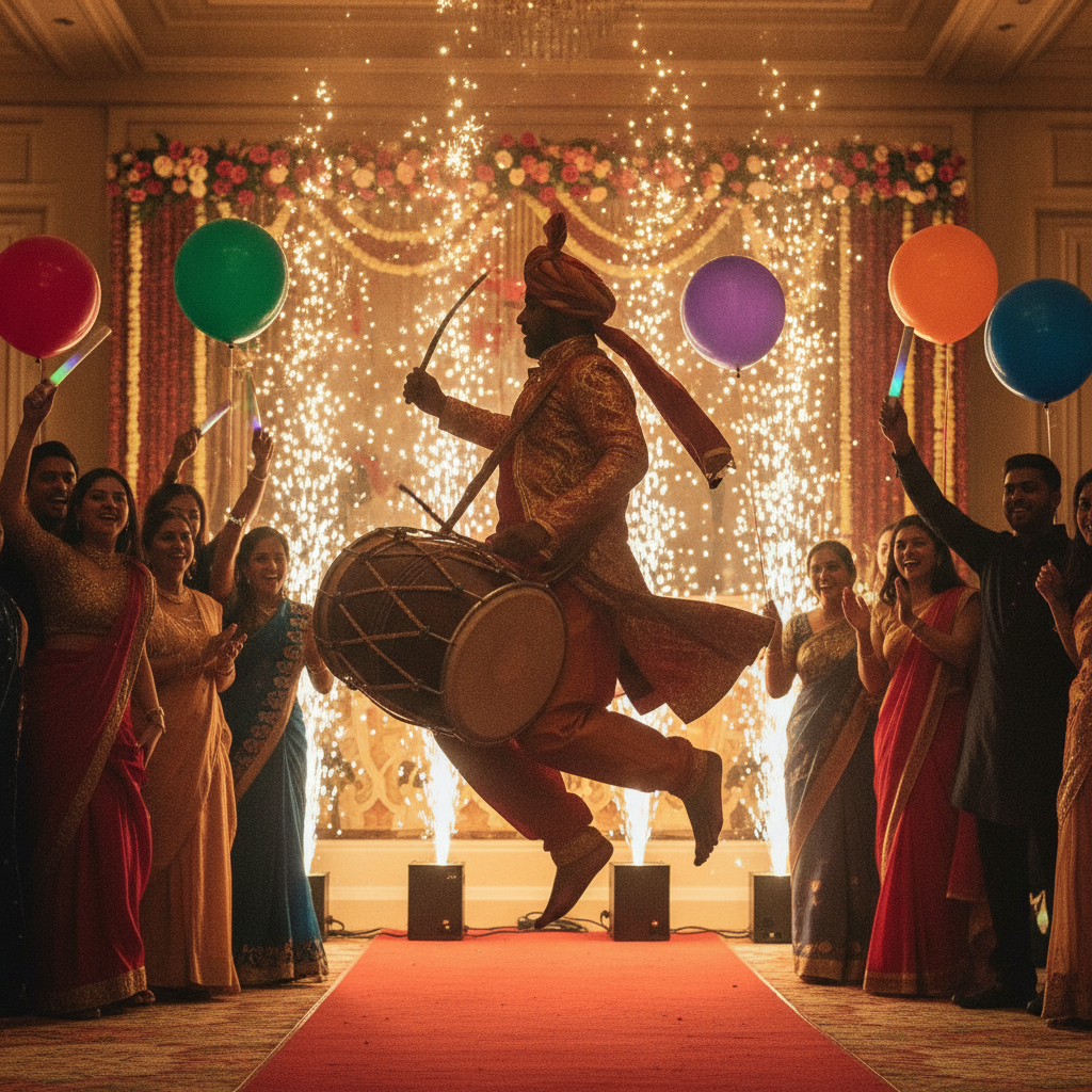 Live dhol drummer leading a grand birthday entrance with cold spark effects at an Oakville venue