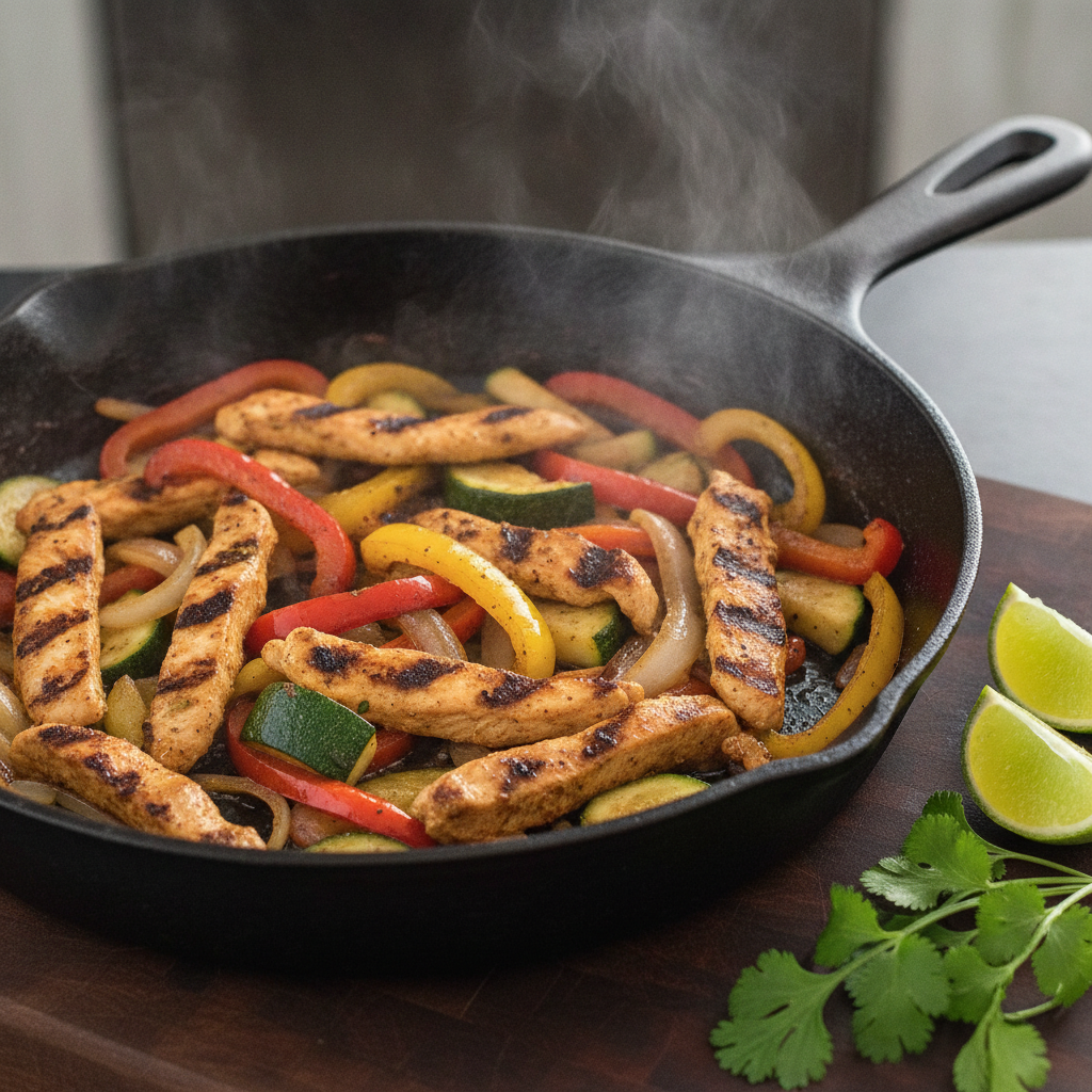 Close-up of sizzling Mexican fajita vegetables and grilled chicken on a cast-iron skillet for family dinner