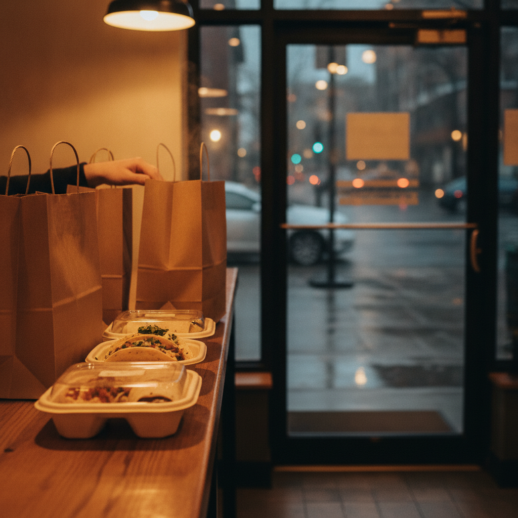 Takeout handoff scene with eco-friendly bags and sealed containers of Mexican grill dishes near a door for pickup in Old Toronto