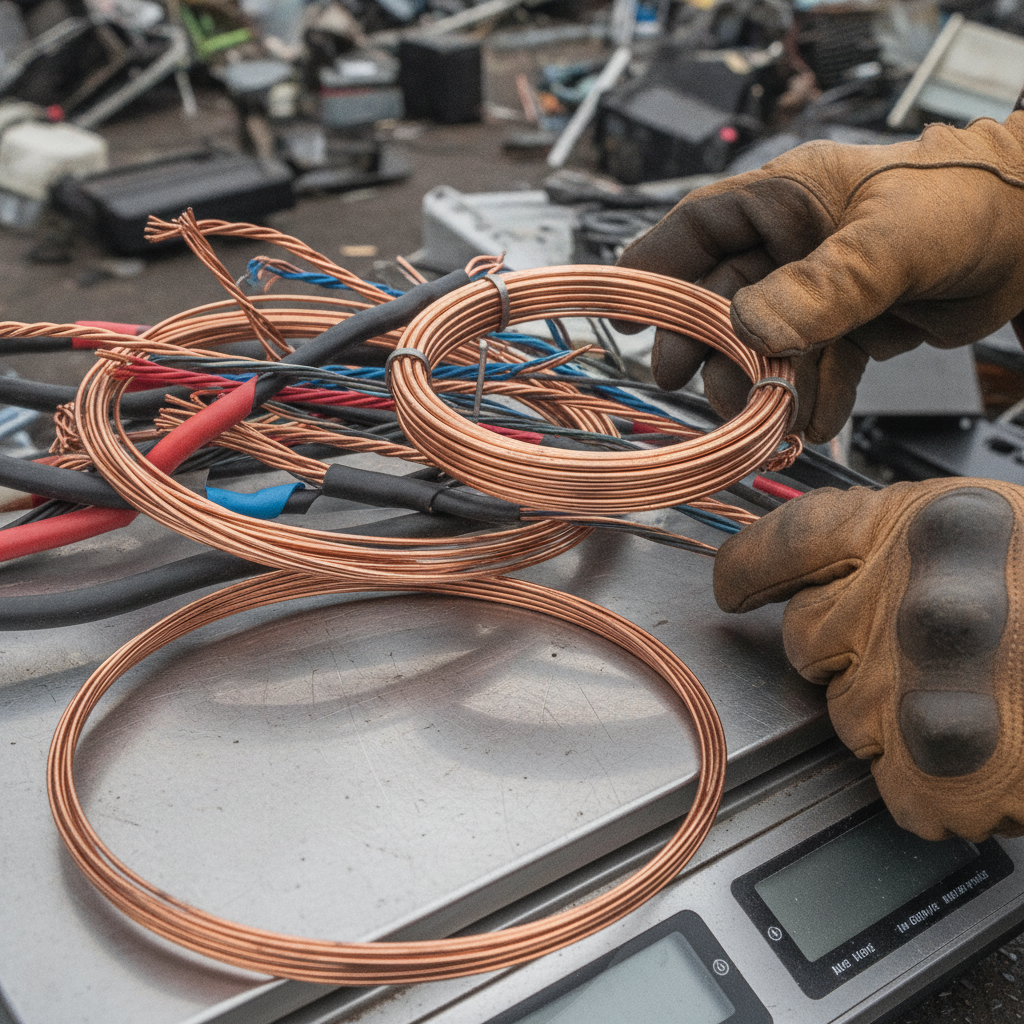 Close-up of copper wire and stripped cables on a scale at an Etobicoke scrap metal yard