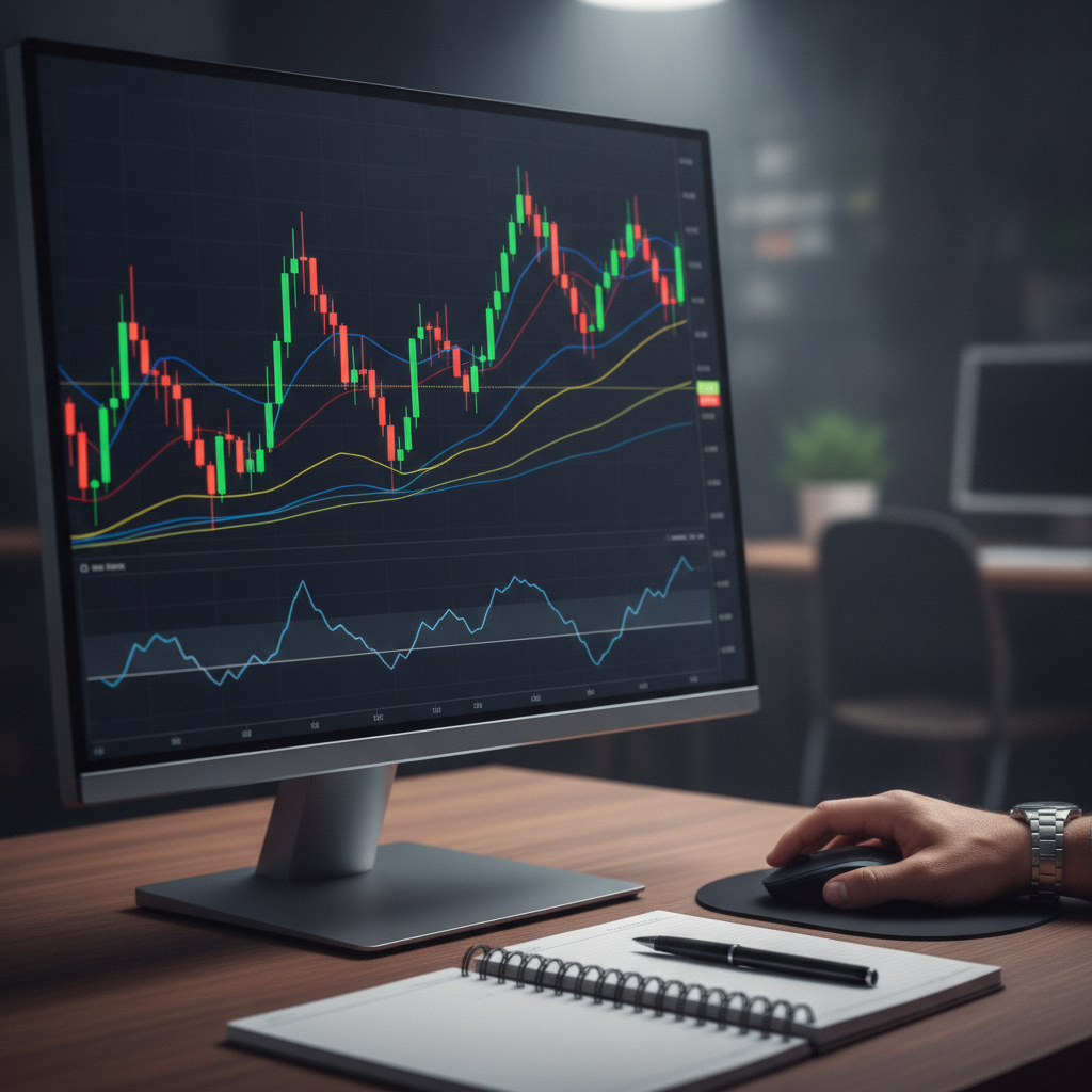 Close-up candlestick chart with moving averages and RSI used in online trading classes for risk-first practice