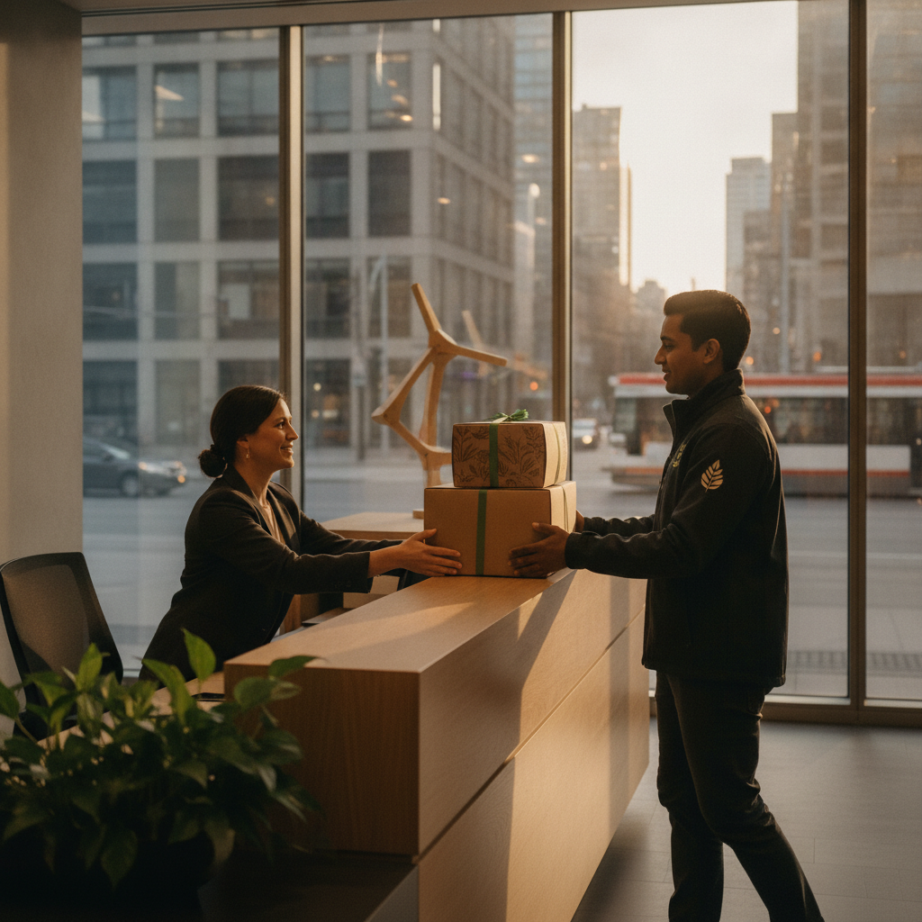 Courier delivering eco-friendly vegan catering boxes to a Toronto office reception