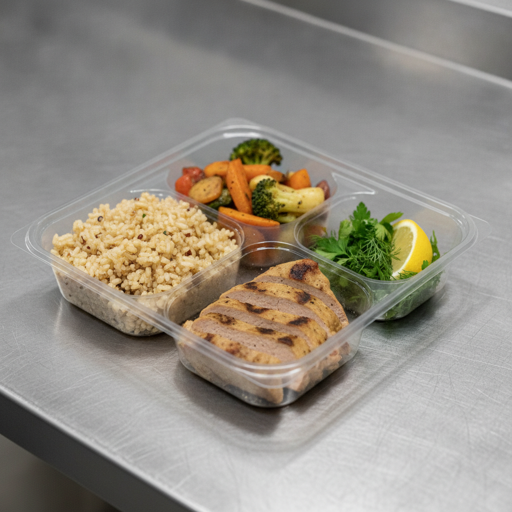 Individually packaged vegan office catering meal labeled for allergen confidence in a Toronto workplace