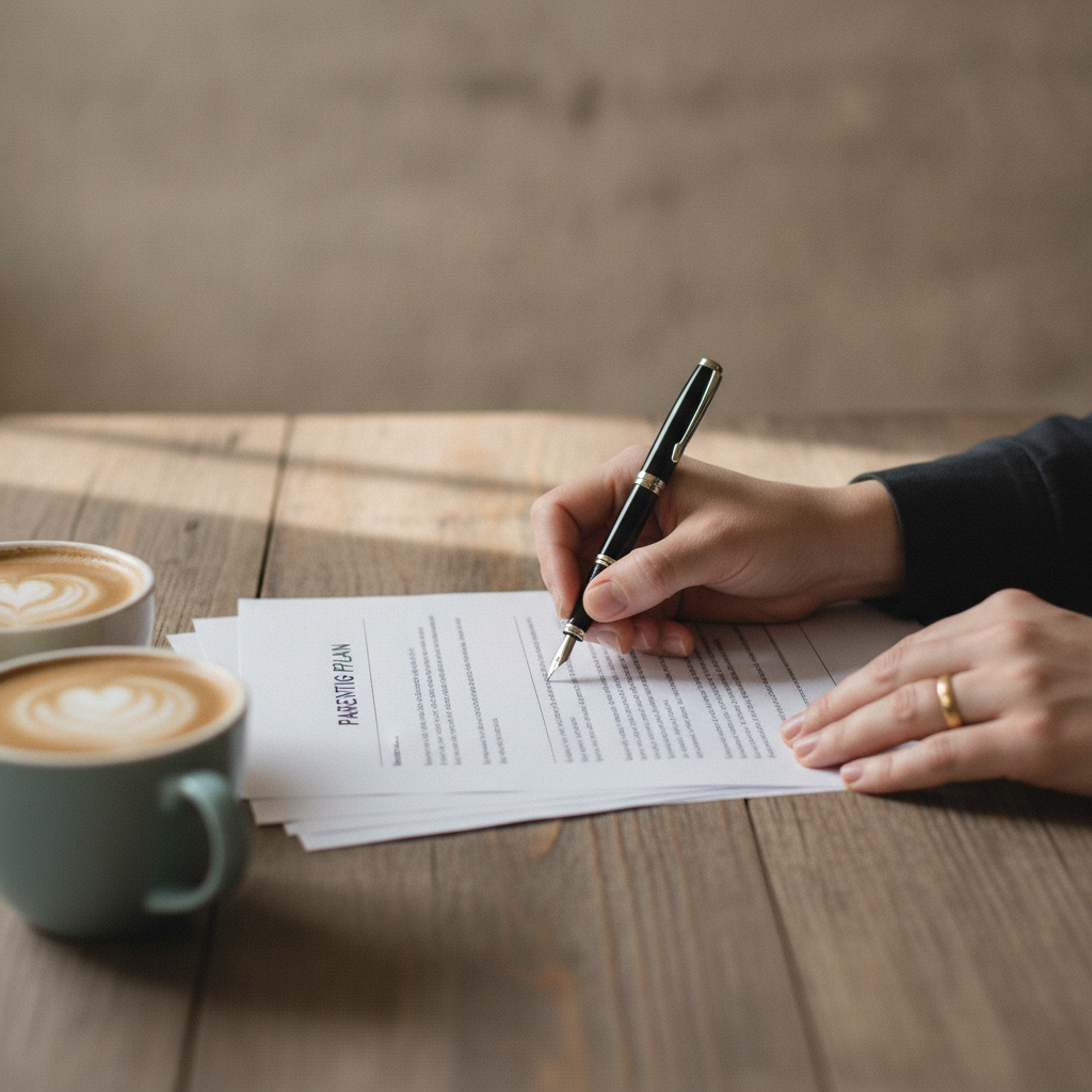 Close-up of parenting plan and legal documents for a Brampton family law case, showing hands reviewing terms