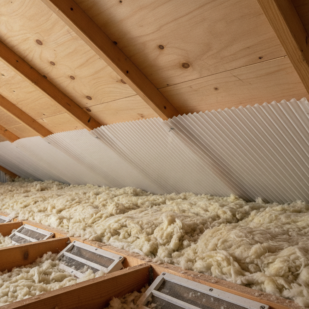 Attic inspection detail in Toronto home showing insulation depth and baffles