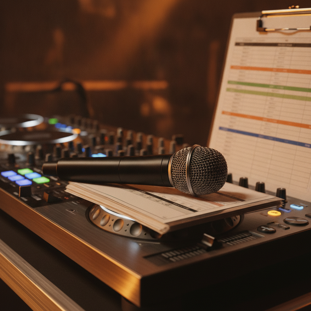 Wireless microphone, cue cards, and DJ mixer showing wedding MC tools for Oakville receptions