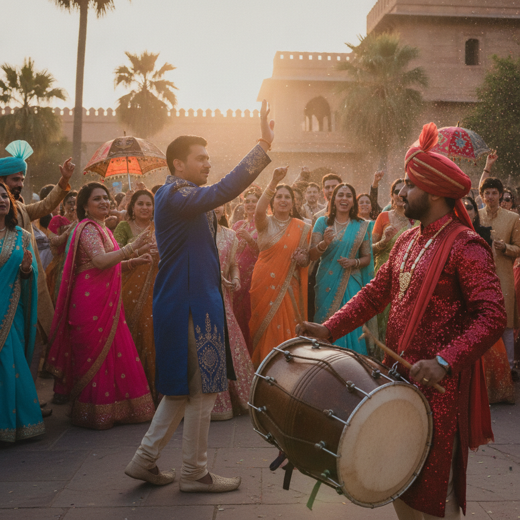 Baraat procession with dhol drummer and MC guiding crowd during Oakville wedding