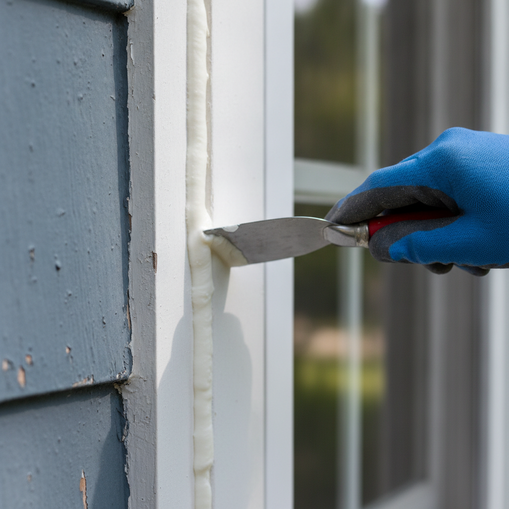 Detail of re-caulking an exterior window seam during exterior house painting prep