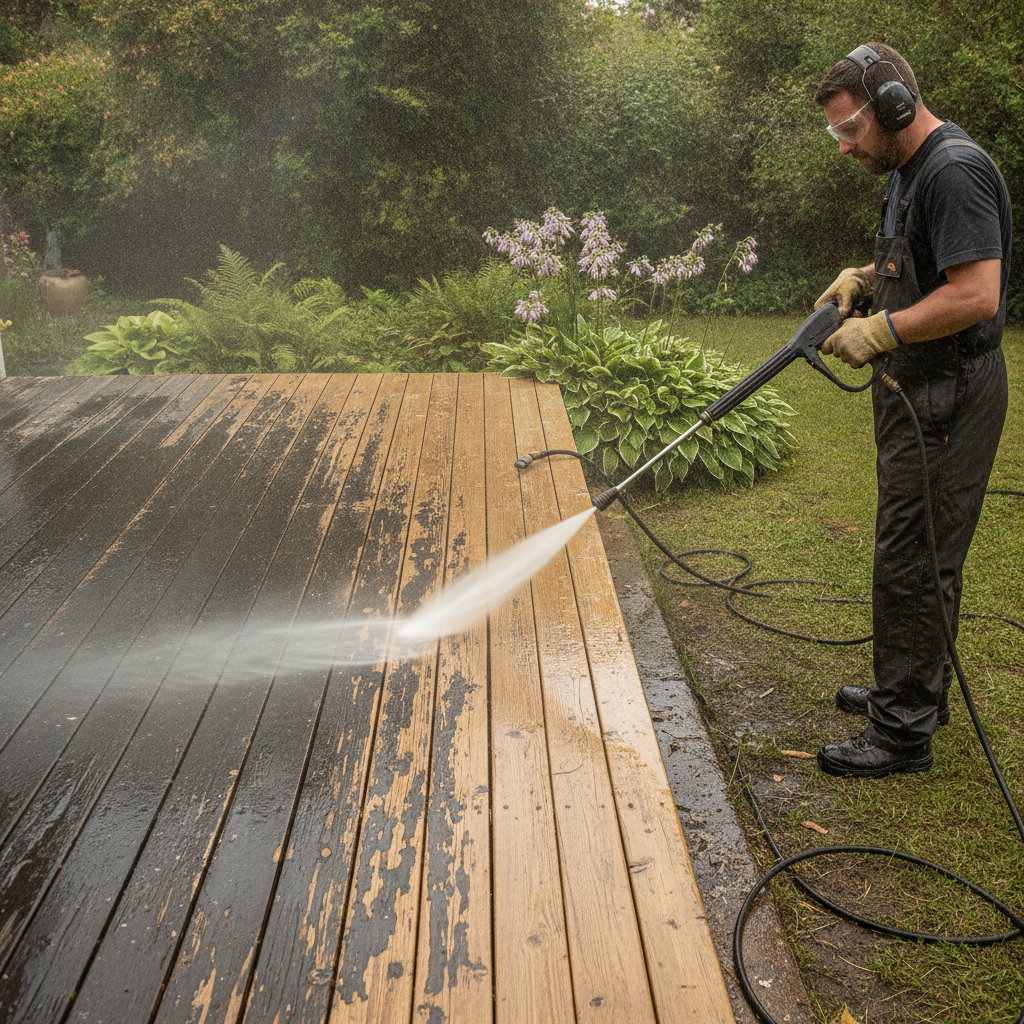 Power washing deck and fascia as preparation before exterior house painting in Milton