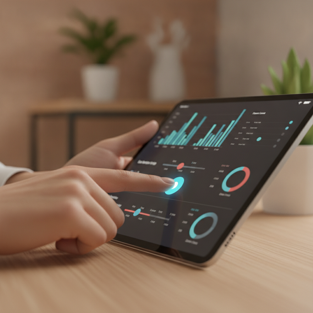 Close-up of a broker comparing home loan options on a tablet for a first-time buyer