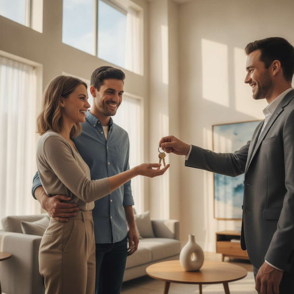Young first-time buyers receiving keys in a bright living room after broker-managed settlement