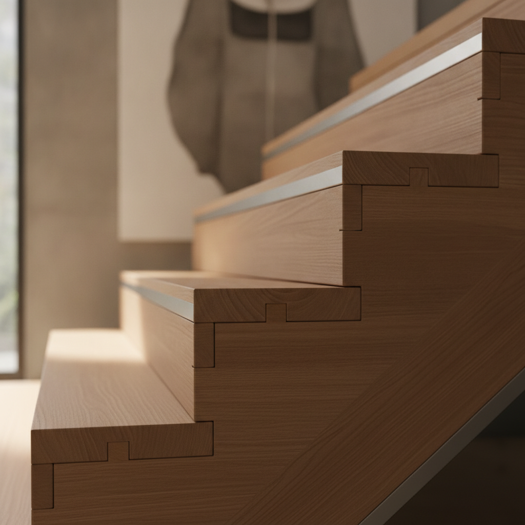 Detail of custom staircase craftsmanship highlighting crafted finish quality in custom residential construction