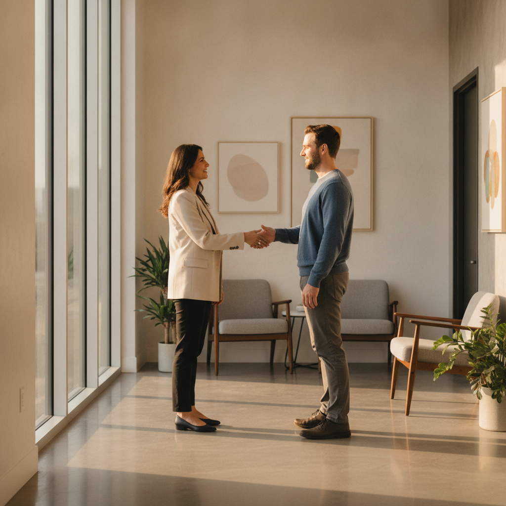 Ontario clinic hallway scene: therapist greeting a patient for an outpatient gambling treatment session