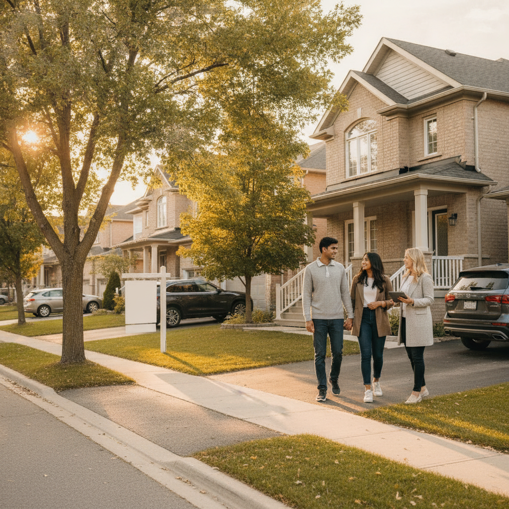 Couple touring a Brampton home with their agent at golden hour to compare neighborhoods