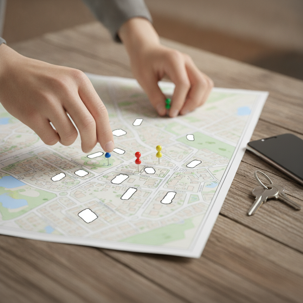 Hands placing pins on a Brampton neighborhood map for a targeted home search