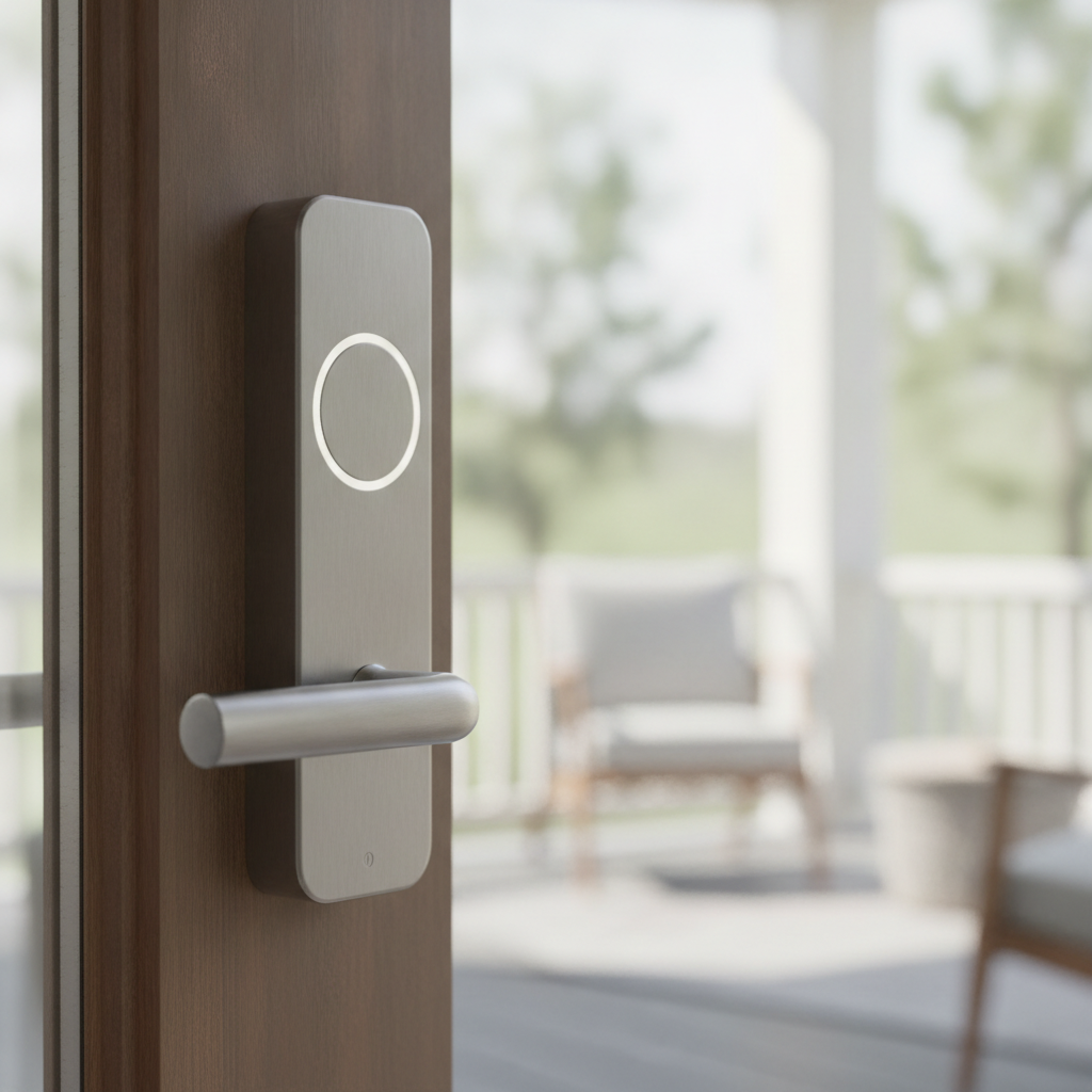 Close-up of a modern smart lock professionally integrated into a unified smart home automation system in Brampton