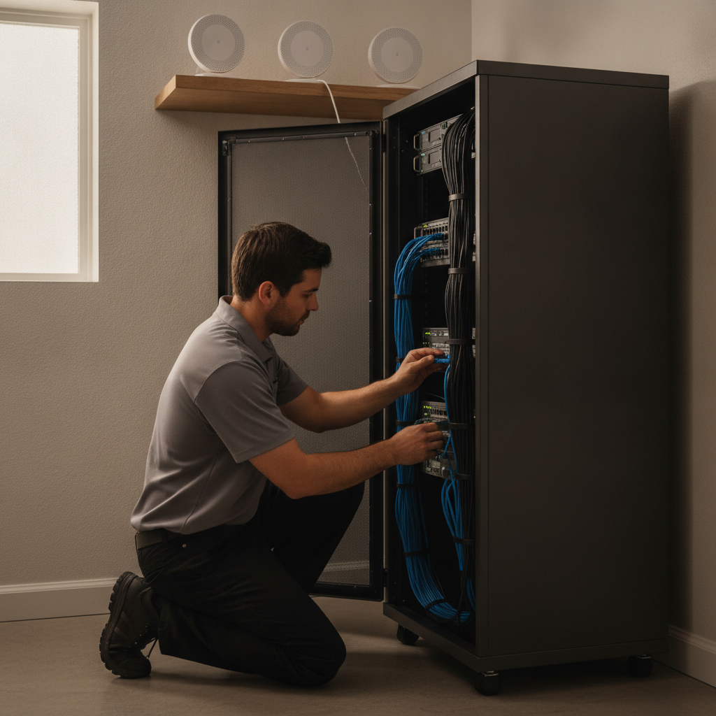 Technician organizing a tidy home network rack with labeled CAT6 and PoE for cameras in a Brampton smart home