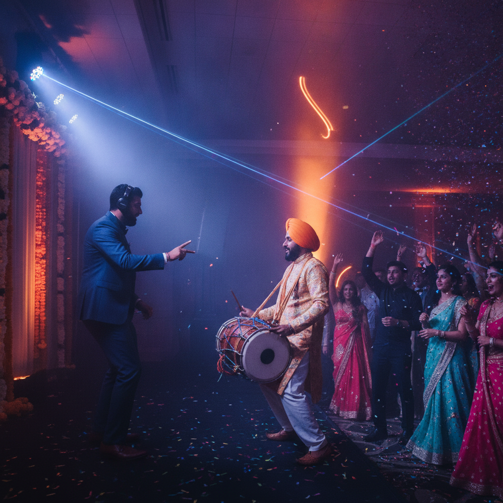 DJ coordinating with live dhol for a baraat-style entrance, part of a luxury wedding production plan in Oakville