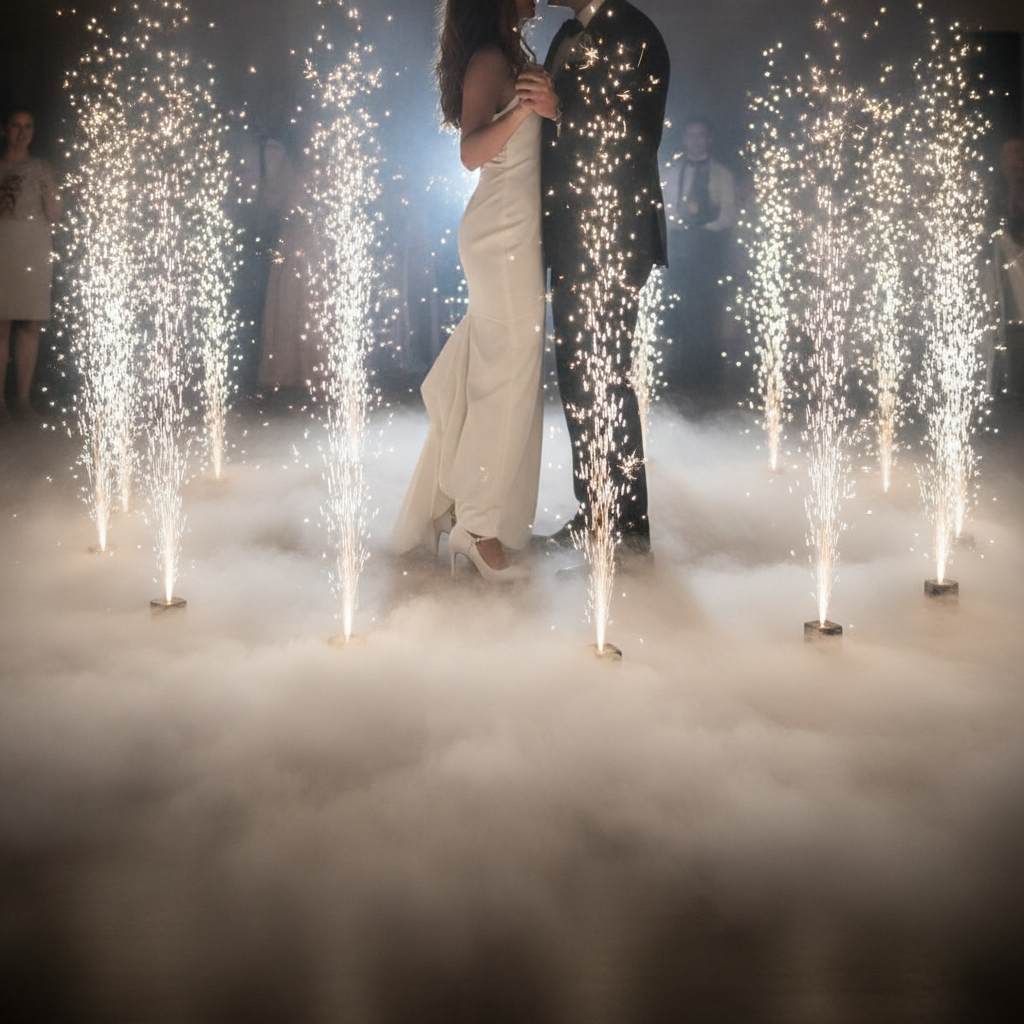 Cold sparkler fountains and low fog first dance as part of a luxury wedding production checklist in Oakville