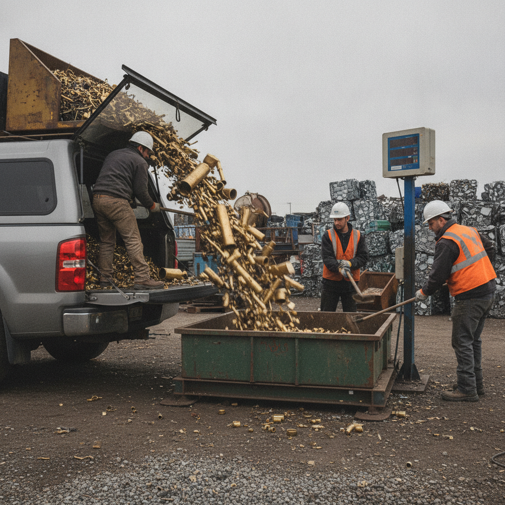 Contractor unloading sorted brass at an Etobicoke scrap yard scale area for brass recycling