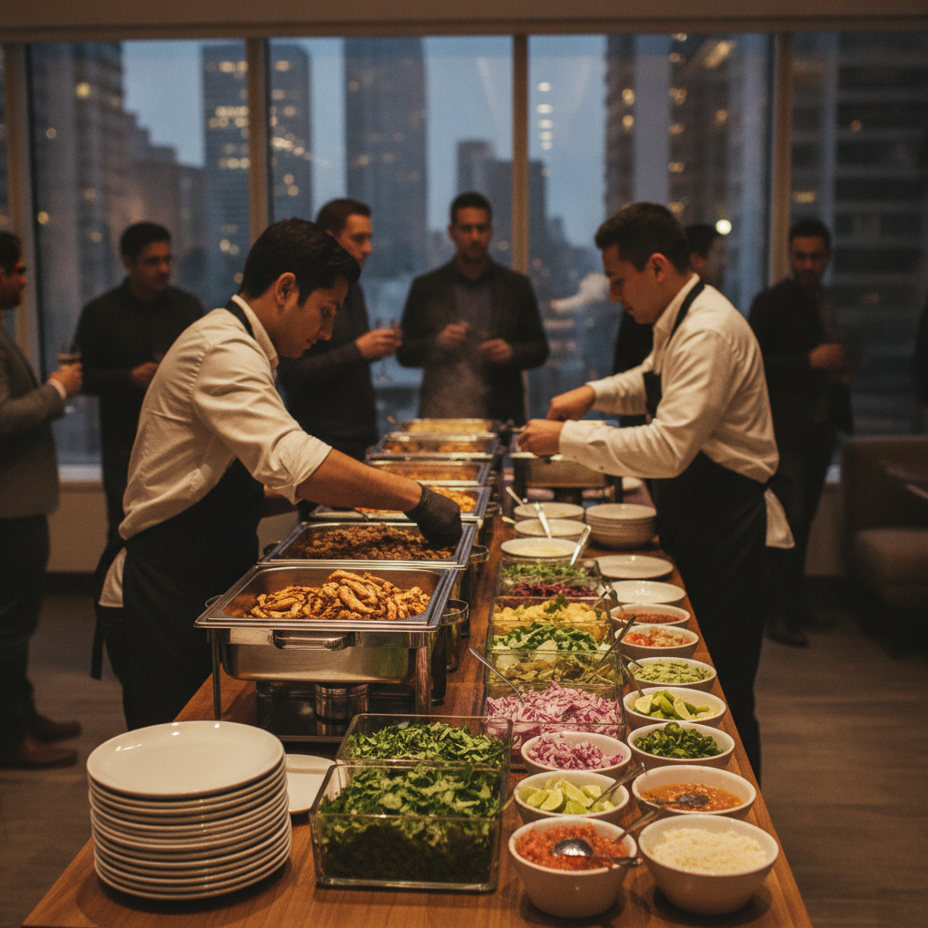 Catering team setting up a taco bar buffet for a Toronto office event with chafing dishes and garnish trays