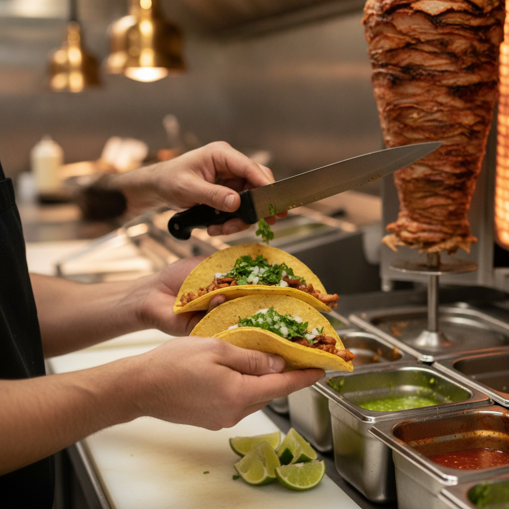 Close-up of tacos assembled for Mexican catering with grilled meats, fresh cilantro, onions, and lime